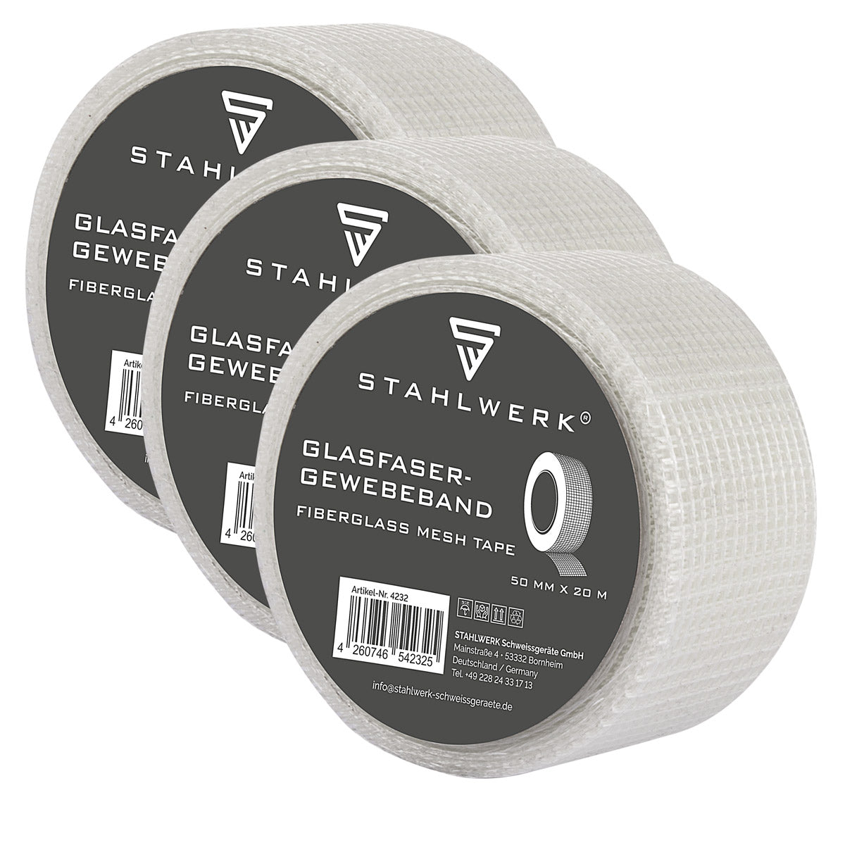 STAHLWERK Glasfaser-Gewebeband 3er Set 20 m x 50 mm, selbstklebend