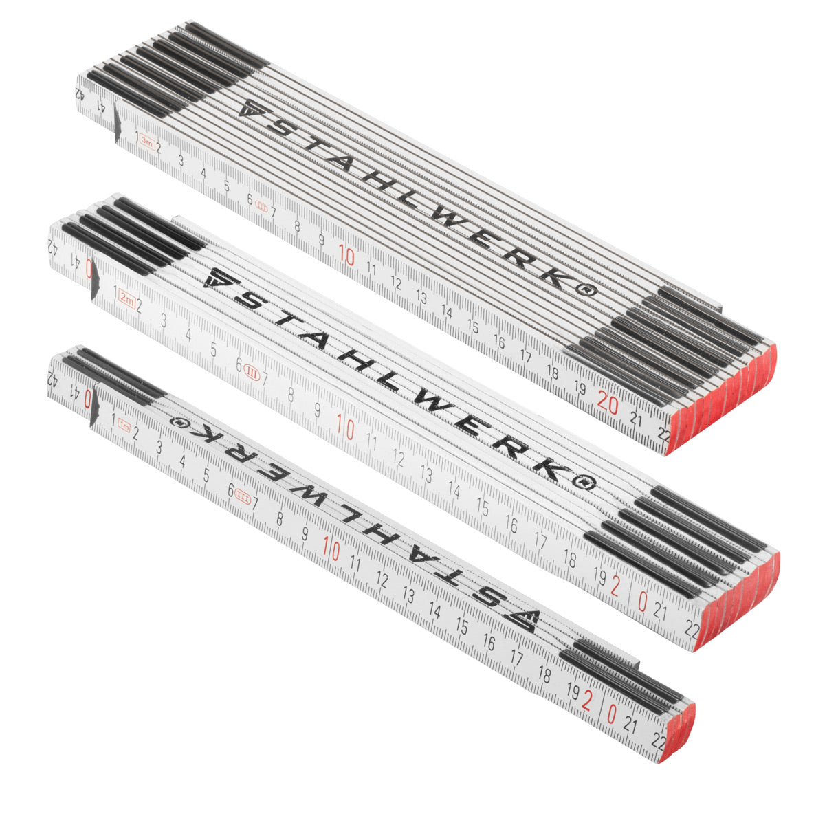 STAHLWERK Zollstock 3er Set 1 | 2 | 3 Meter präziser Holz-Gliedermaßstab